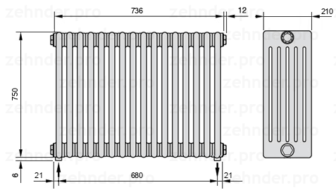Схема (чертеж) Радиатор Zehnder Charleston 6075/16 №3570 Белый глянцевый RAL 9016